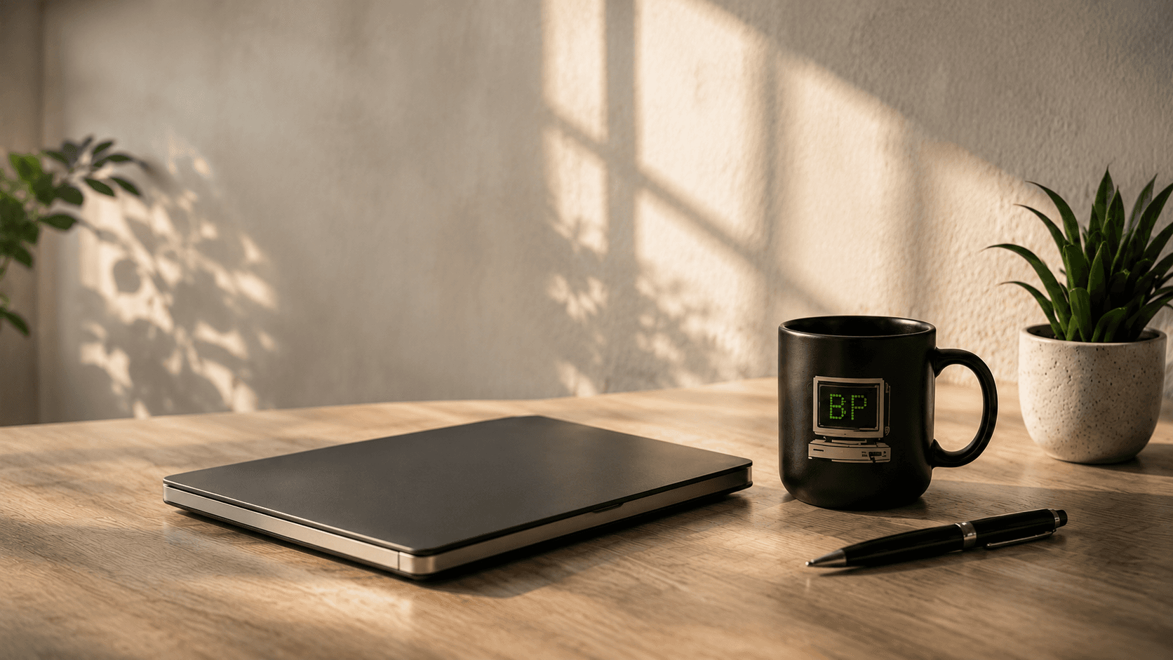 Closed laptop beside a BP Systems coffee mug, pen, and potted plant on a sunlit wooden desk